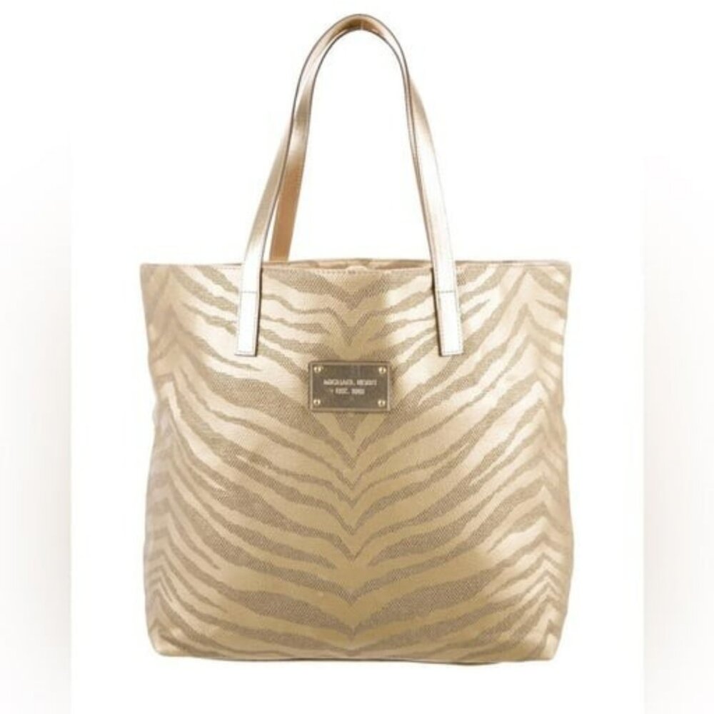 Canvas Michael Kors Gold Tan Metallic Tiger Zebra Animal Print Shoulder Tote Bag - Picture 2 of 6